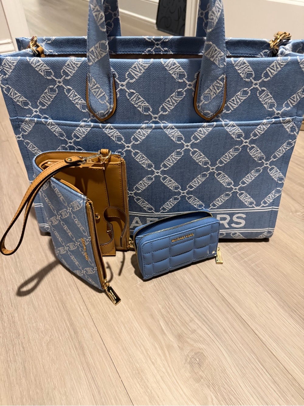 Michael Kors Light Blue Monogram Canvas Tote with Tan Leather Wallets
